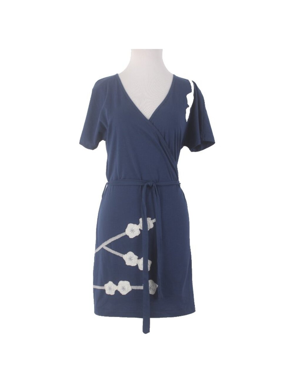 Synergy Dress Sz L Navy Blue White Floral V Neck 100% Organic Cotton Dress
